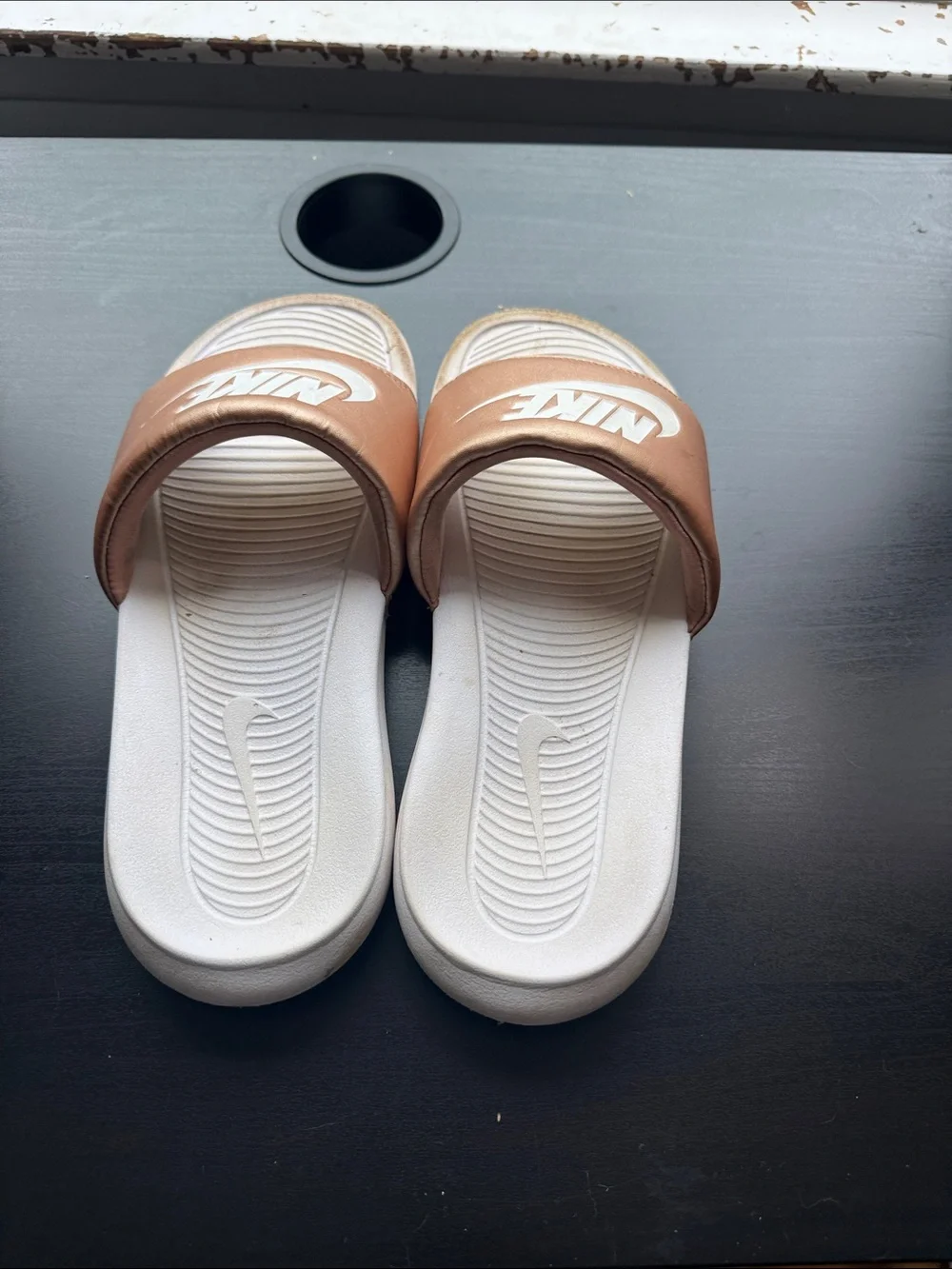 Nike Slides in Metallic Rose Gold and White